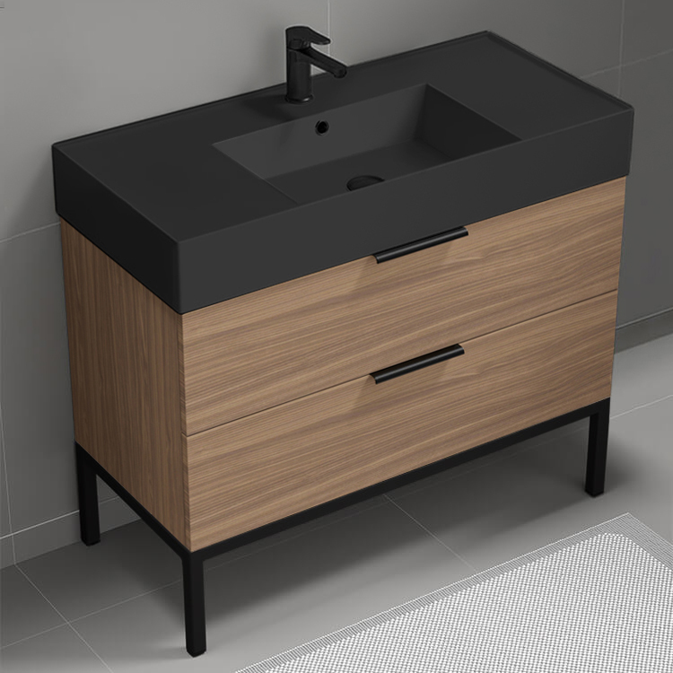 Nameeks DERIN621 Walnut Bathroom Vanity With Black Sink, Floor Standing, 40 Inch, Modern